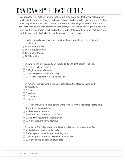 CNA Exam Style Practice Quiz Free Resource
